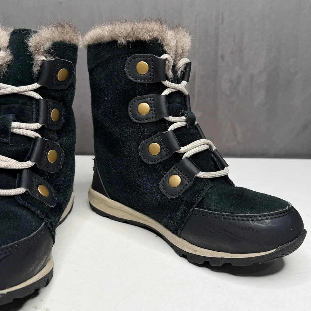 Sorel Whitney II Snow Boots Girls Size 12 Black Waterproof Suede Faux Fur Trim